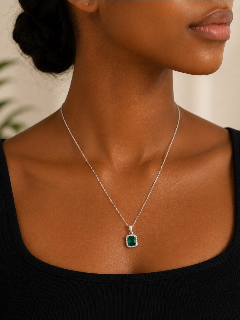 925 Sterling Silver Emerald Square Halo Pendant and chain - Both Stamped. 22”